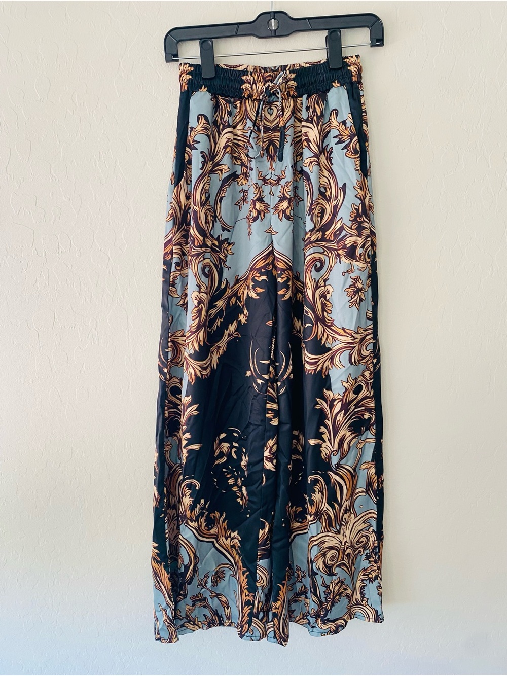 Daintycase Baroque Print Wide Leg Pants Blue Gold Satin Palazzo Womens Mediumโ